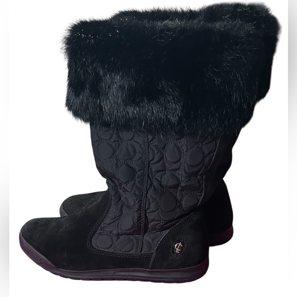 Coach Black Quilted Monogram Rabbit Fur Trim Side Zip Black Suede Boot Women 6M